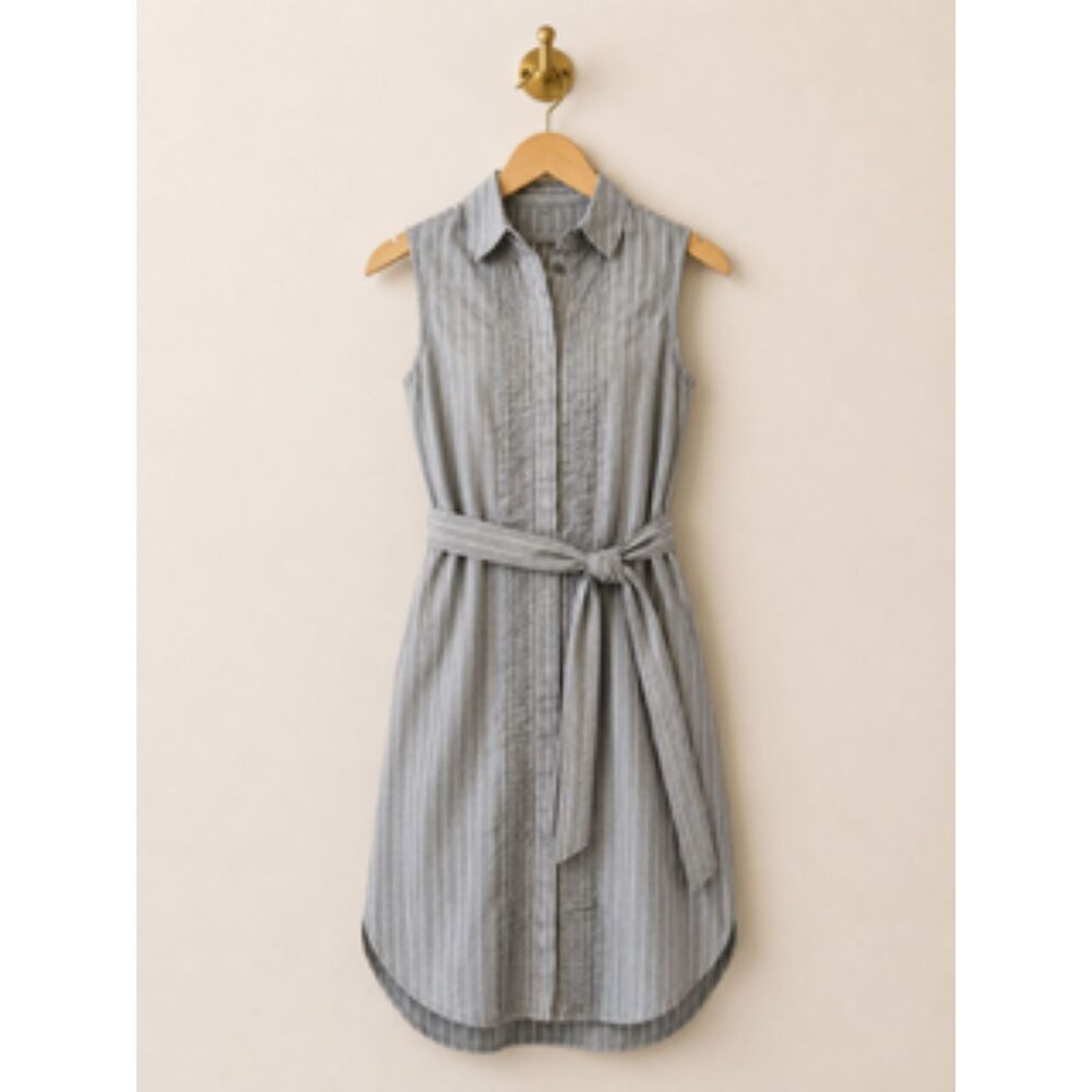 Banana Republic SZ 8 Gray White Stripe Sleeveless Lined Tie Front Shirt Dress